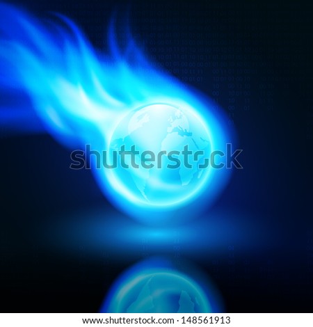 Flying flaming the globe on dark background with stream of binary code. EPS10 vector.