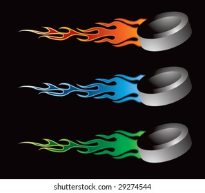 flying flaming hockey pucks