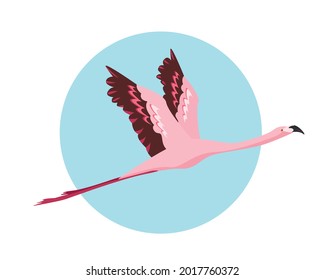 Flying flamingo bird icon. Pink Flamingo flies on the sky. Flat or cartoon vector illustration on blue background.