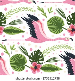 Flying  flamingo bird vector seamless pattern. Cartoon tropical summer background with pink exotic jungle animal, tropic palm and flowers. Kid illustration.