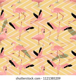 flying flamingo pattern seamless vector with  geometric background