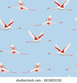 Flying flamingo seamless pattern on blue background.