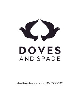 Flying Flapping Dove Pigeon Bird silhouette with Heart Spade negative space for Game Card Poker logo design inspiration