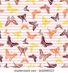 Flying flat butterfly silhouettes over striped background vector seamless pattern. Vintage fabric print design. Lines and butterfly winged insect silhouettes seamless pattern.