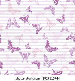 Silhouettes de mariposa plana volando sobre rayas horizontales vectoriales sin fisuras. Diseño de impresión de tela para ropa de bebé. Las siluetas de insectos del jardín de rayas y mariposas son papel tapizado sin fisuras.