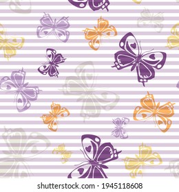 Flying flat butterfly silhouettes over horizontal stripes vector seamless pattern. Kids fashion textile print design. Lines and butterfly winged insect silhouettes seamless illustration.