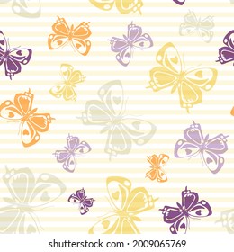 Silhouettes de mariposa plana volando sobre un patrón sin fisuras vectorial de fondo a rayas. Diseño de la impresión textil de dibujos animados. Las siluetas de insectos aladas de las bandas y las mariposas están perfectamente diseñadas.