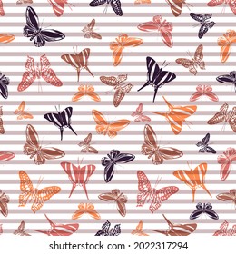 Flying flat butterfly silhouettes over horizontal stripes vector seamless pattern. Girlish fashion fabric print design. Lines and butterfly garden insect silhouettes seamless design.
