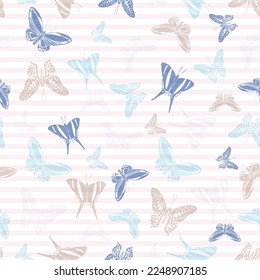 Flying flat butterfly silhouettes over striped background vector seamless pattern. Baby clothing textile print design. Stripes and butterfly garden insect silhouettes seamless illustration.