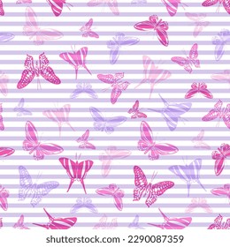 Flying flat butterfly silhouettes over striped background vector seamless pattern. Cartoon textile print design. Stripes and butterfly garden insect silhouettes seamless illustration.