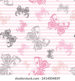 Flying flat butterfly silhouettes over horizontal stripes vector seamless pattern. Girlish fashion textile print design. Stripes and butterfly winged insect silhouettes seamless pattern.