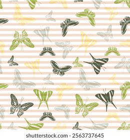 Flying flat butterfly silhouettes over horizontal stripes vector seamless pattern. Kids fashion fabric print design. Lines and butterfly garden insect silhouettes seamless wallpaper.