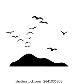 Flying flock of bird silhouettes. Black doves or seagulls in motion, symbolizing freedom and peace.birds flying in the sky. 
