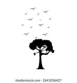 Flying flock of bird silhouettes. Black doves or seagulls in flight, symbolizing freedom.birds flying in the tree.
