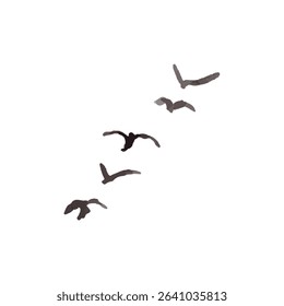 Flying flock of bird silhouettes, featuring black doves or seagulls. Symbolic illustration of freedom and motion.
