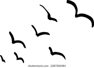 Fliegende Flock von Vögeln handgezeichnete Pinselstrichillustration.