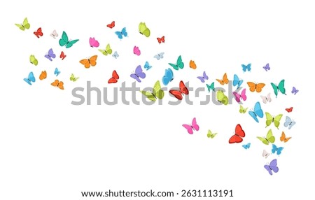 Flying flock of butterflies. Colorful vector design element. Spring and summer insects for decor.
