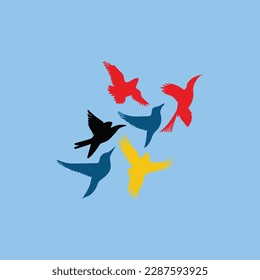 Flying a flock of colorful birds in the sky vector art.