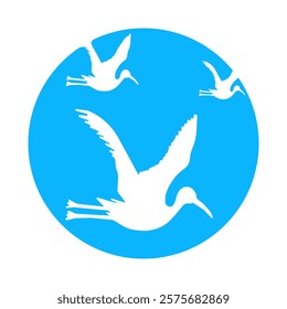 Flying flock of white storks. Cartoon-style logo depicting a flock of flying storks. Vector illustration of a flying stork flock logo. stork logo displaying a flying crane flock with white wings.