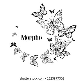 Flying flocks of contour, artistic butterflies on white background. Tattoo style.