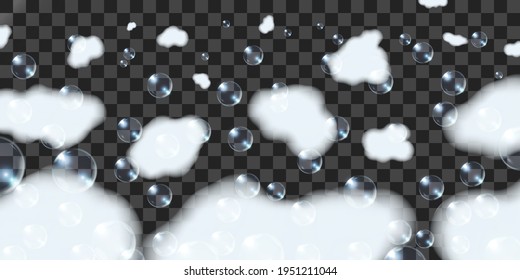 Flying foam pieces and soap bubbles. Vector illustration isolated on transparent background. 