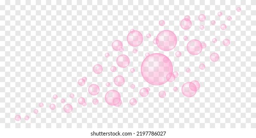 Flying or foating pink bubbles on transparent background. Soap foam, bath suds, cleanser texture. Fizzy cherry or strawberry drink, champagne, sparkling wine. Vector realistic illustration