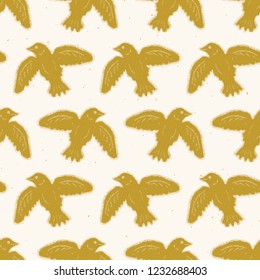 Flying Folk Art Bird Seamless Vector Pattern. Traditional Hand Drawn Block Print Style for NAture Home Decor, Boho Wallpaper, Nordic Textiles, Wing Animal Cards. Natural Mustard Yellow, Ecru Beige