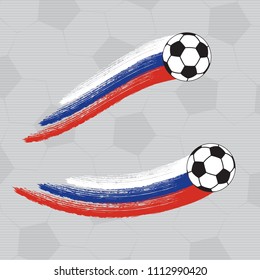 Flying Football Ball with Colored Paint Brush Trace Symbolic Icons Set Blank Template - Black Blue Red and White on Grey Soccer Ball Texture Background - Vector Contrast Graphic Design