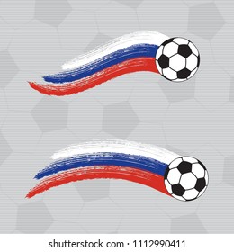 Flying Football Game Ball with Colored Paint Brush Trace Symbolic Icons Set Blank Template - Black Blue Red and White on Grey Soccer Ball Texture Background - Vector Contrast Graphic Design