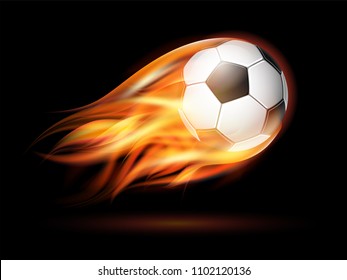 Flying football on fire. Soccer ball with bright flame trail on the black background
