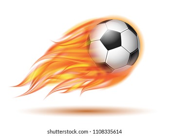 Flying football on fire. Soccer ball with bright flame trail. Vector illustration isolated on white background