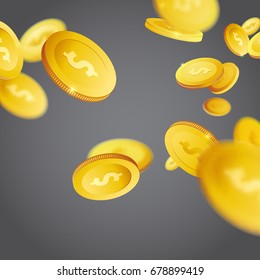 Flying fortune realistic coins over dark background. Golden Casino jackpot cash prize money rain flow. Isolated realistic 3D currency. Vector illustration