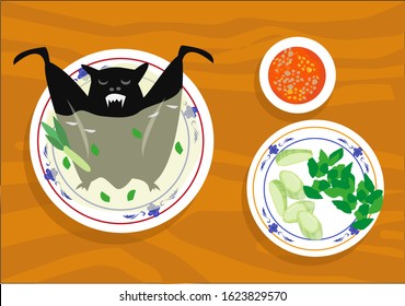 A Flying fox or Bat soup or paniki is a popular dish in Asia like in China which is called Ye Wei and in Pacific Rim  like in Palau and Vanuatu. Editable Clip Art.