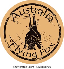 Flying fox silhouette icon round shabby emblem design old retro style grunge. Flying fox in full growth logo mail stamp on craft paper. Flying fox hanging on branch upside down. Chiropters animal.