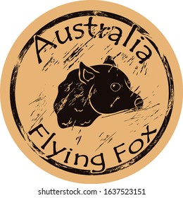 Flying fox silhouette icon vector round shabby emblem design old retro style. Flying fox profile head logo mail stamp on craft paper. Australian chiropters animal vintage grunge sign.