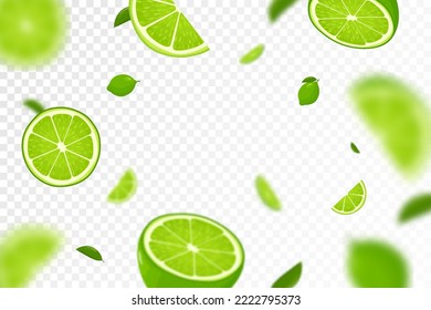 Flying limes frescos y fondo de rodajas de cal, patrón sin fisuras con efecto desenfocado. Se puede usar para papel pintado, banner, afiche, impresión, tela, papel envolvente. Diseño plano vectorial