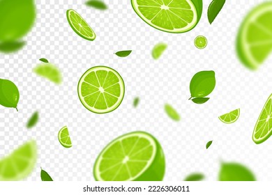 Flying fresh limes and lime slices background, seamless pattern with defocused blur effect. Can be used for wallpaper, banner, poster, print, fabric, wrapping paper. Vector flat design