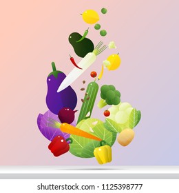 Flying fresh vegetables concept, healthy food background, vector, illustration