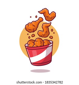 Flying Fried Chicken With Bucket Cartoon Vector Icon Illustration. Fast Food Icon Concept Isolated Premium Vector. Flat Cartoon Style