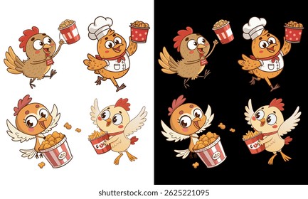 Flying Fried Chicken With Bucket Cartoon illustration. Cute chicken cartoon enjoying fried chicken bucket, black and white background, food mascot.