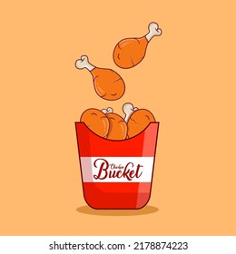 Fliegendes Huhn mit rotem und weißem Eimer mit orangefarbenem Hintergrund, Vektorsymbol