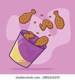 Flying Fried Chicken with Violet and Yellow Bucket Vector Illustration