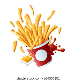 Flying fries with mustard and ketchup - isolated object