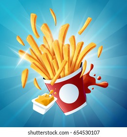 Flying fries on light blue background