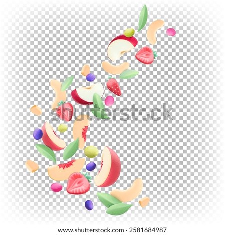 Flying fruit salad. Stylized cartoon healthy food. Vector 3D illustration
