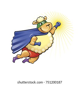 Flying funny sheep like superman superhero