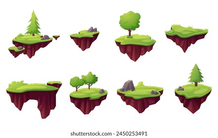 Flying game islands. Different grounds with stones, rocks and tree floating in air. Empty nature island for arcade games levels, nowaday cartoon vector set