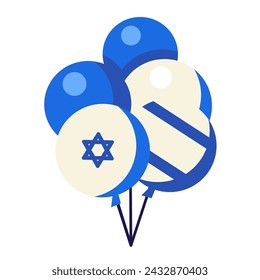 Guirnalda voladora de globos en colores de la bandera de Israel. Elemento de leche sólida festivo, atributo de la fiesta judía. Icono plano del vector de la historieta en los colores nacionales de la bandera de Israel aislada en el fondo blanco