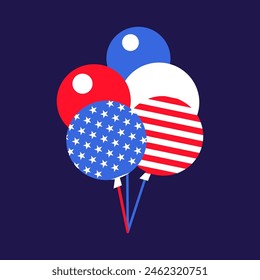 Flying garland of balloons in colors of USA flag. Festive element, attributes of July 4th Independence Day. Flat vector icon in national colors of US flag on dark blue background