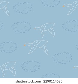 Patrón ininterrumpido de los gansos voladores. Aves en el cielo con nubes. Ilustración de vector de contorno
